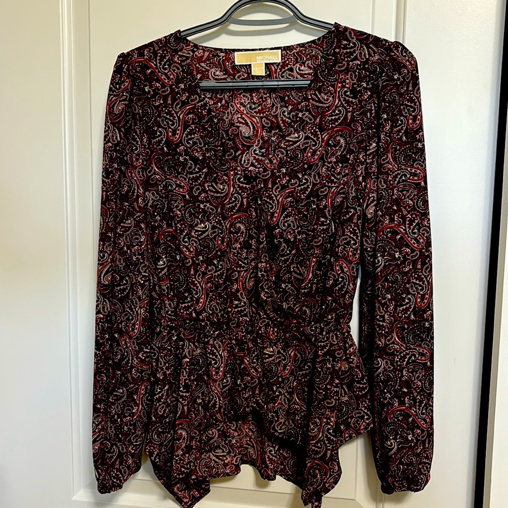 Michael Kors burgundy and black paisly blouse size xs